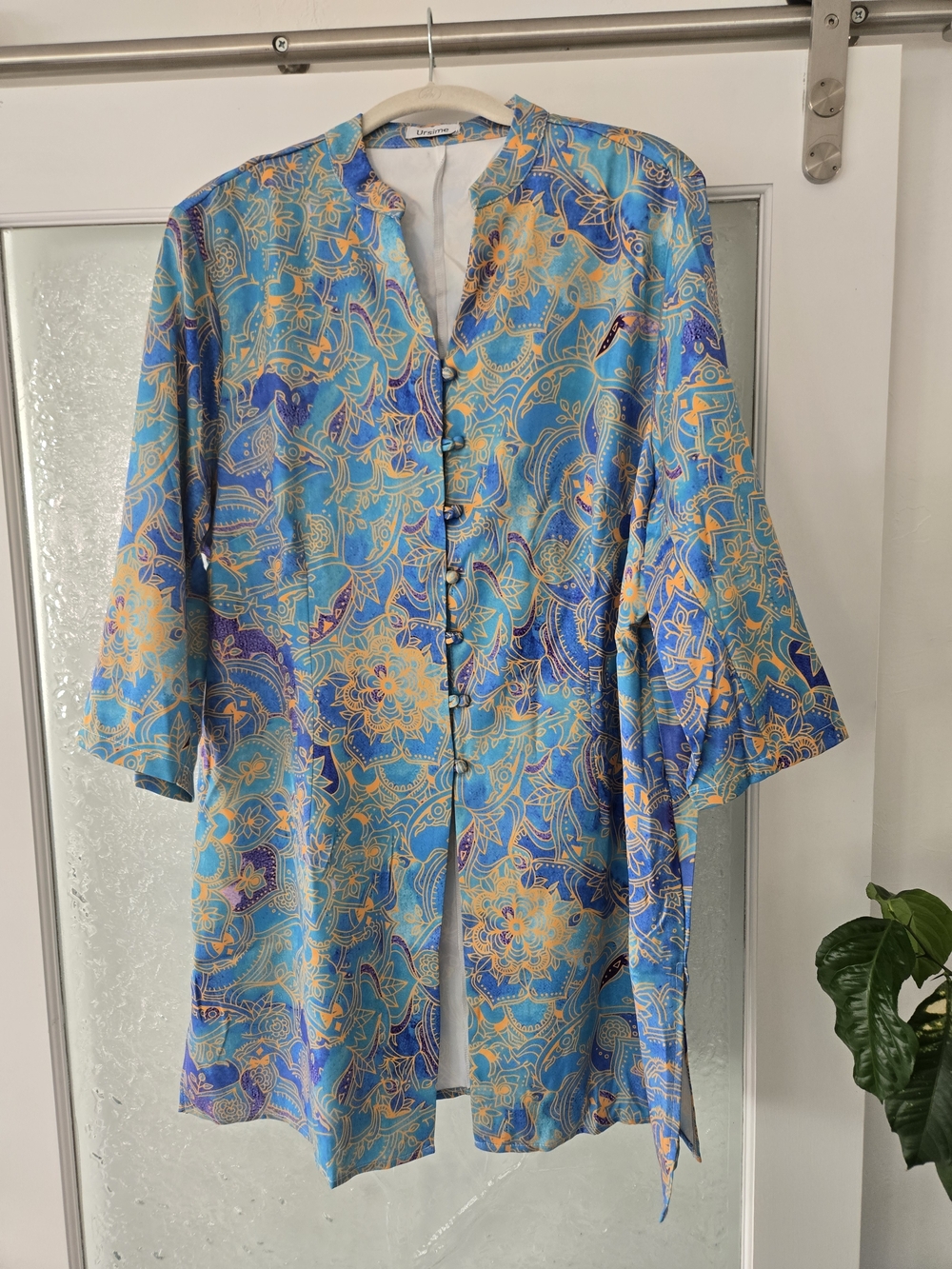 Turquoise And Multi-color Floral-Print Longline Women's Button-front Top